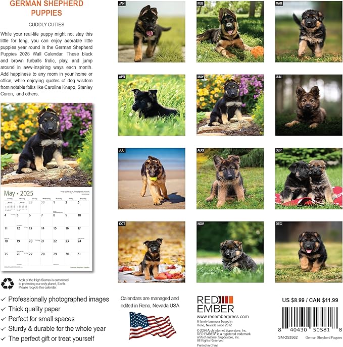 RED EMBER German Shepherd Puppies Mini 2025 Wall Calendar 12 Month | 7" x 14" Open | Thick & Sturdy Paper | Giftable | Calendar 2025