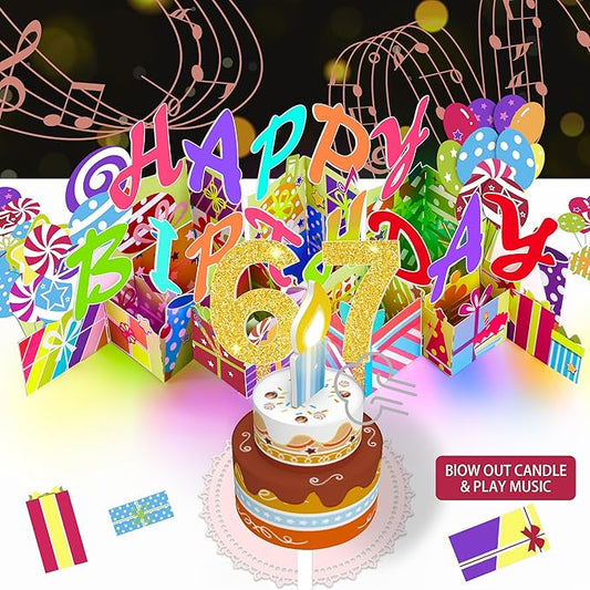 Gumry 67TH Musical Birthday PopUp Card, Blowable Colorful Light Candle 3D Cards with Song, Applause Cheers Sound, Greeting Cards Birthday Gifts Decorations for Women Men Turning 67 Years Old