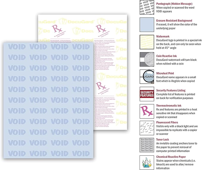 DocuGard Premier Medical Security Paper for Printing Prescriptions and Preventing Fraud, CMS Approved, 10 Security Features, Laser and Inkjet Safe, Blue, 8.5 x 11, 24 lb., 2500 Sheets (04543C)