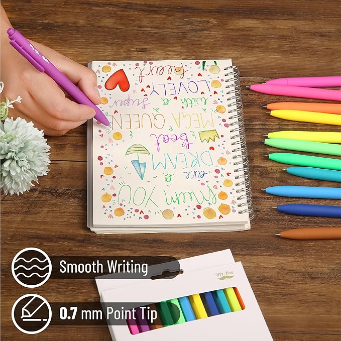 Mr. Pen- Retractable Gel Pens, 12 Pack, Bright Color Ink Gel Pens, Gel Pens Fine Point 0.7mm, Retractable Pens, Cute Pens, Gel Ink Pens, Aesthetic Pens for Journaling Fine Tip Pens