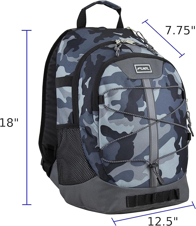FUEL Hiking Backpack for Women Men Terra Sport, Travel, College, Gym, Work with Laptop Sleeve, Bungee, 18 Inches, Midnight Camo
