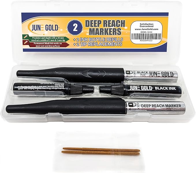 June Gold 2 Black Deep Reach Markers, 2 Ink Refill Bottles, 2 Tip Replacements, 30 mm Reach & 2 mm Felt Tip
