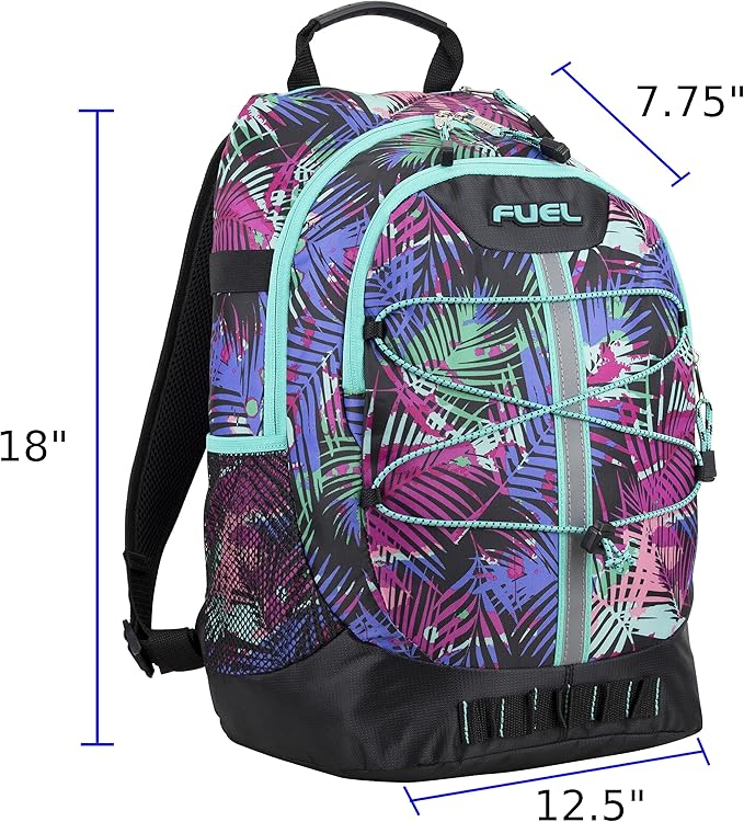 FUEL Hiking Backpack for Women Men Terra Sport, Travel, College, Gym, Work with Laptop Sleeve, Bungee, 18 Inches, Purple Palm Leaves
