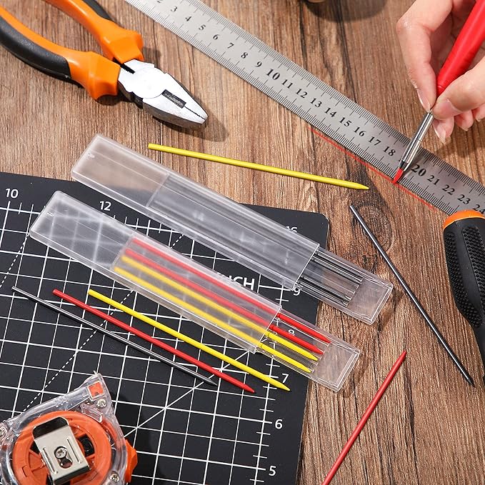 Hiboom 3 Pack Solid Carpenter Pencil with 21 Refill, Long Nosed Deep Hole Mechanical Pencil Marker with Built in Sharpener for Carpenter, Design Patent (Orange, Red, Black Cover)