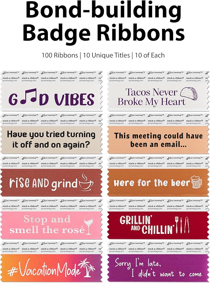 Icebreaker Corporate Badge Ribbons with Adhesive, 3-1/2 x 1-5/8” 100pk (10 Titles, 10 per Title), Satin Ribbon