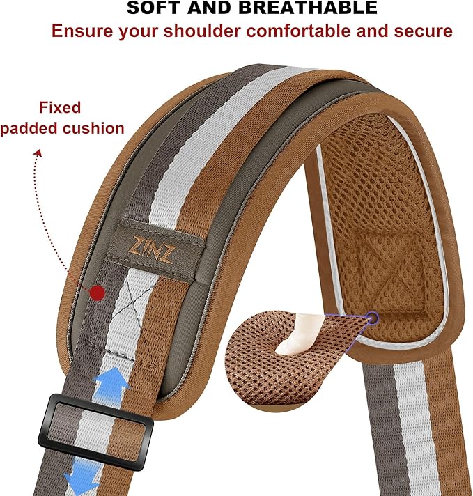 ZINZ 75" Shoulder Strap with Fixed Pad and Dual Balanced Buckles，Brown-White-Gray Stripe