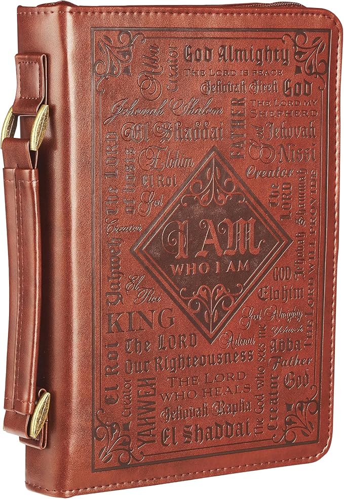 Christian Art Gifts Men's Classic Bible Cover Names of God Exodus 34:6, Brown Faux Leather, Large