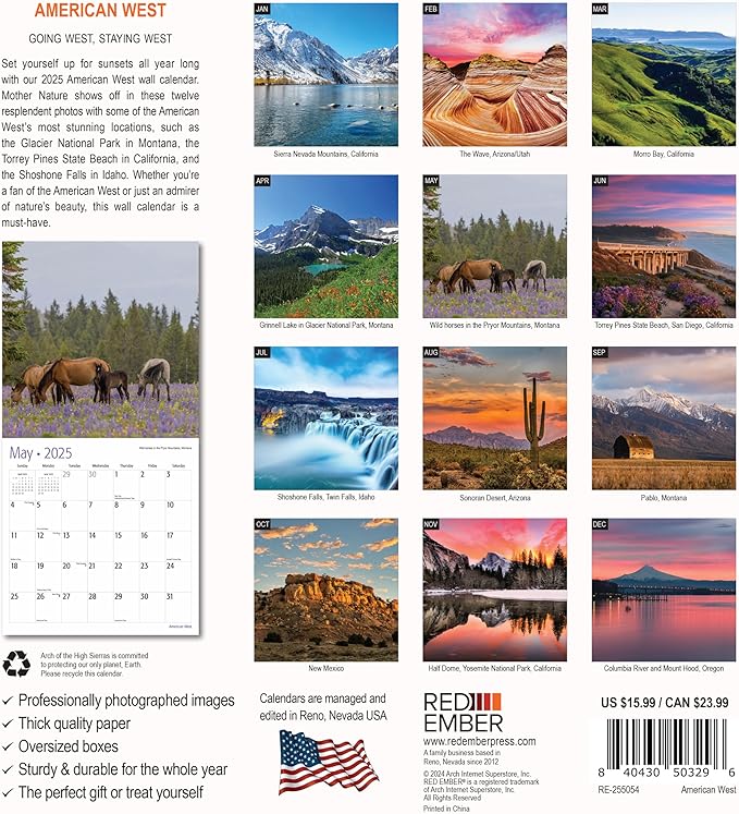 RED EMBER American West 2025 Wall Calendar 12 Month | 12" x 24" Open | Thick & Sturdy Paper | Giftable | Calendar 2025