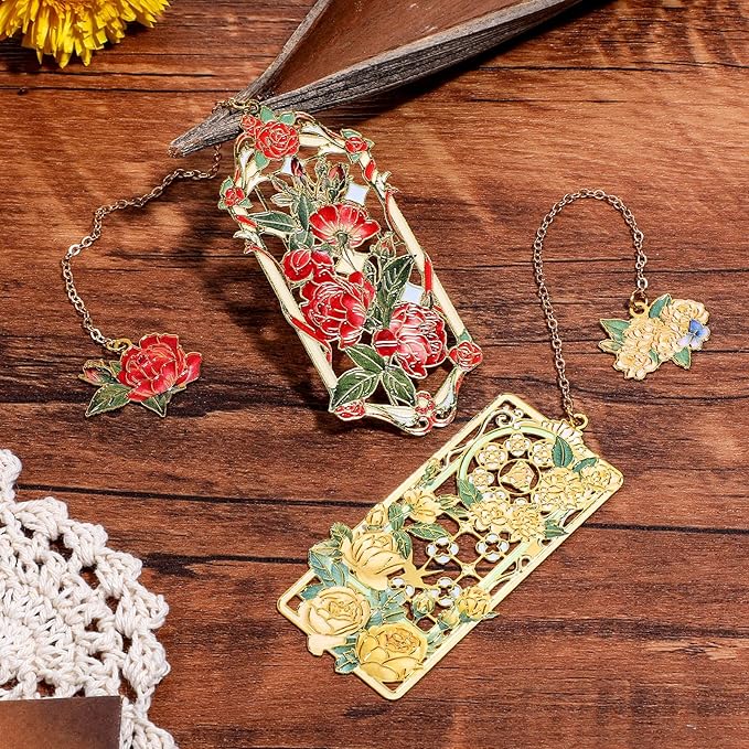 2 Pcs Metal Rose Bookmarks, Beautiful Book Marks for Reading Women Vintage Bookmarks with Metal Chain Pretty Bookmark Gift for Book Lovers Readers Birthday Christmas Gifts(Red, Yellow Roses)