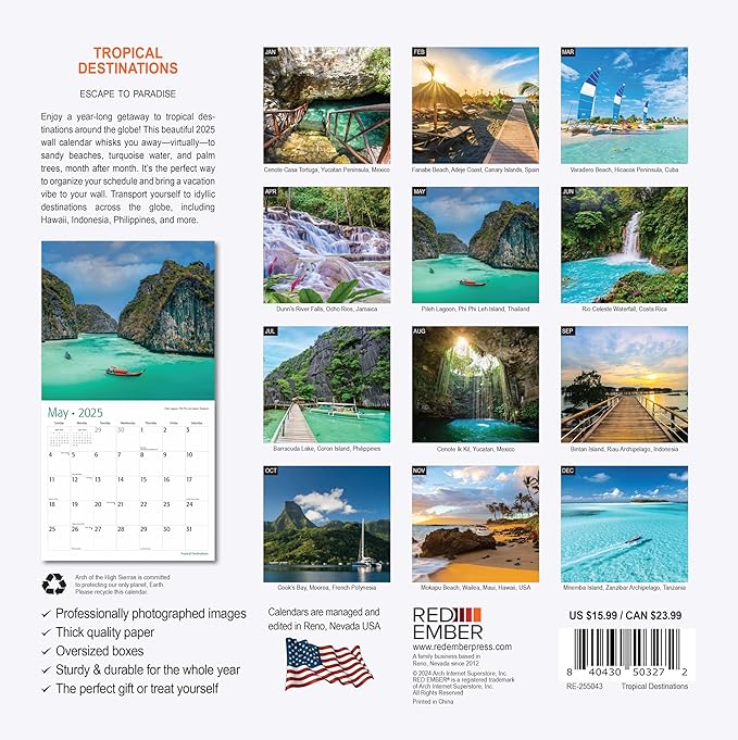 RED EMBER Tropical Destinations 2025 Wall Calendar 12 Month | 12" x 24" Open | Thick & Sturdy Paper | Giftable | Calendar 2025