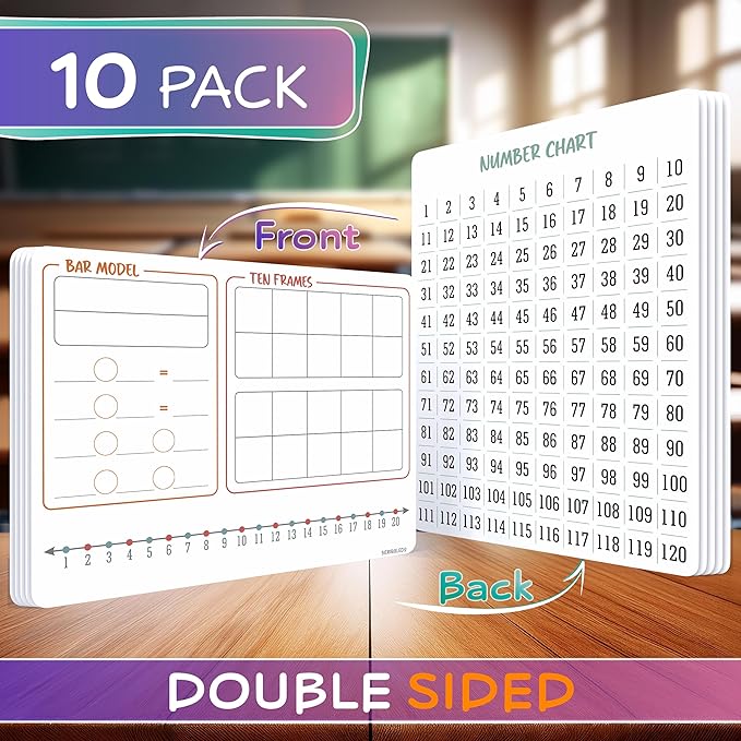 SCRIBBLEDO Bar Model 9”x12” Small White Board Dry Erase Sheets Math Manipulatives Number Chart Ten Frame Number Line Math Supplies Teacher Students Classroom Pack of 10 Sheets
