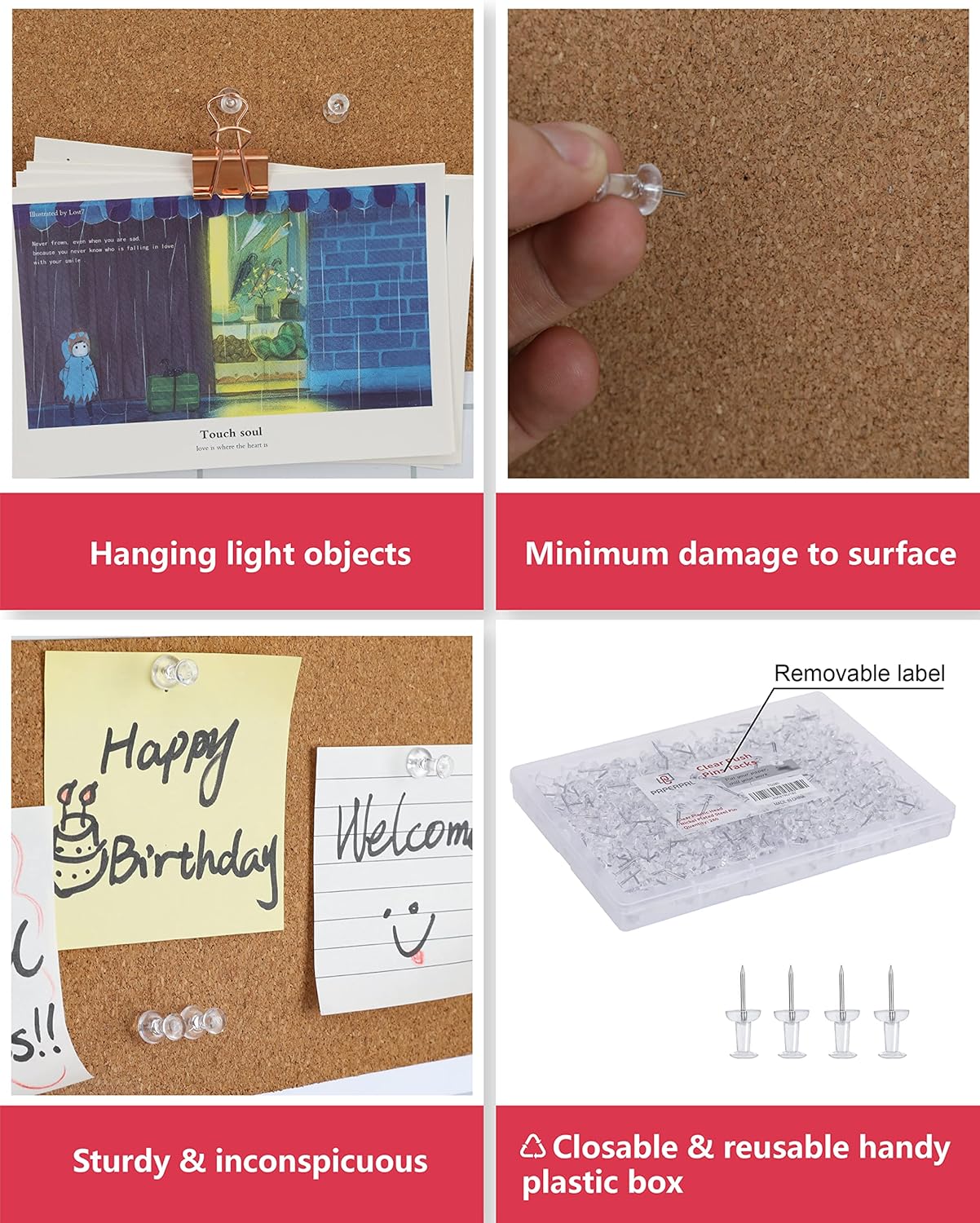 PAPERPAL 280 Clear Push Pins for Cork Board, Clear Thumb Tacks for Wall Hangings, Pushpins for Office School & Personal Use, Standard Size Push Pin Tacks