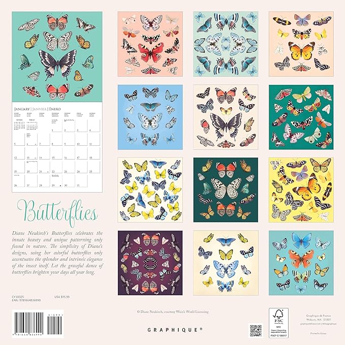 Graphique 2025 Butterflies Wall Calendar | 12” x 12” | Thick Paper | Home & Office Organizer | Large Monthly Grid | 3 Languages & Marked Holidays | 4 Month Preview Page for 2026