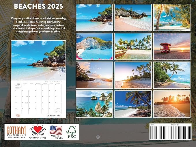 Beach Calendar 2025 Tropical Beaches Ocean Island Seaside Scenes Monthly Wall Calender 12 Month | American Made In The USA