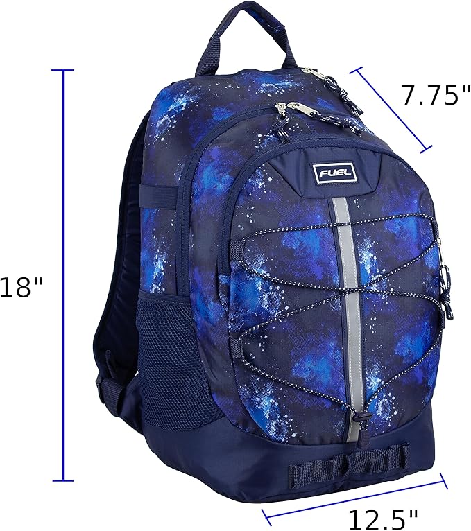 FUEL Hiking Backpack for Women Men Terra Sport, Travel, College, Gym, Work with Laptop Sleeve, Bungee, 18 Inches, Dark Blue Galaxy