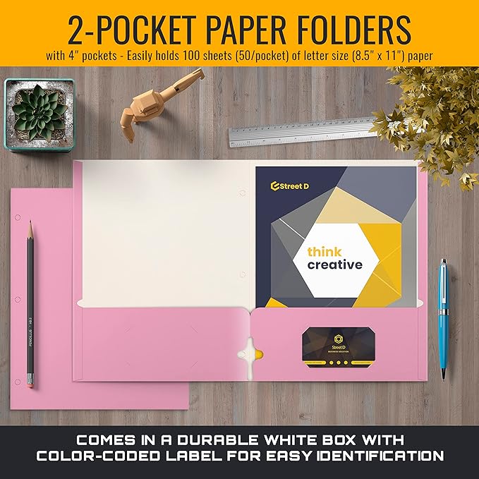 Better Office Products Two Pocket Portfolio Folders, 50-Pack, Pink, Letter Size Paper Folders, 50 Pieces, Pink