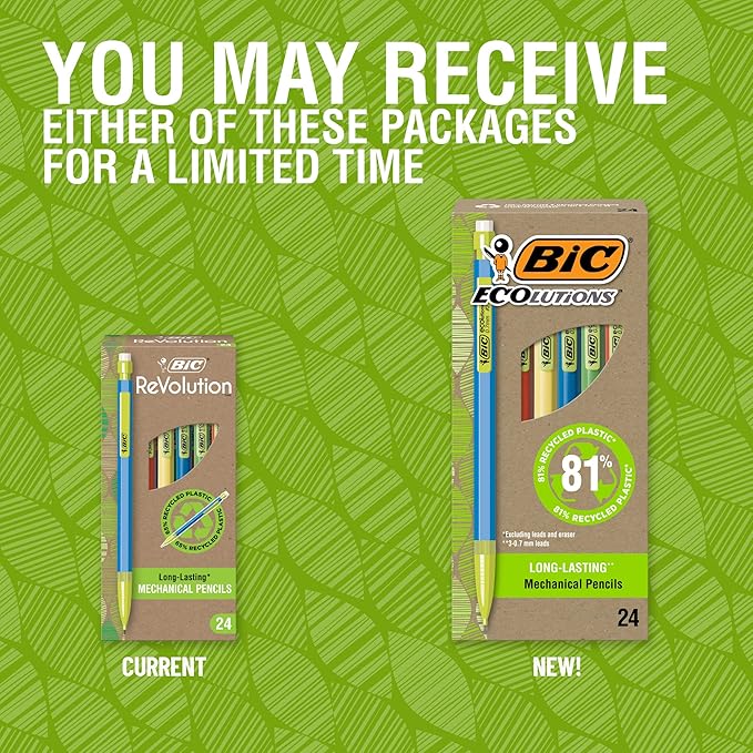 BIC Ecolutions Mechanical Pencils with Erasers, With Colorful Barrel, Medium Point (0.7mm), 24-Count Pack, Mechanical Pencils Made from 81% Recycled Plastic Excluding Leads and Erasers (MPE24-BLK)