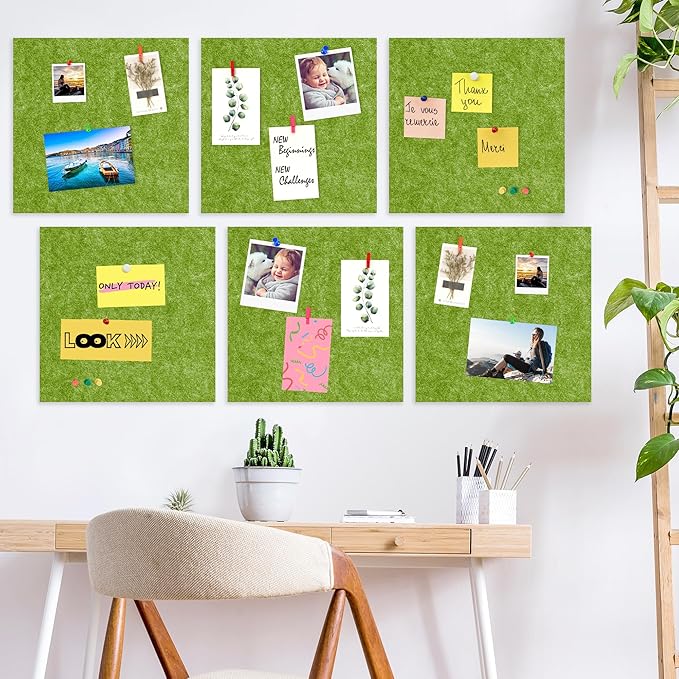AKTOP Cork Bulletin Board 12x12, 1/2" Thick Felt Cork Board Tiles 6 Pack, Small Square Pin Board for Wall, Self Adhesive Corkboards with 60 Push Pin Wood Clips for School, Home & Office, Green