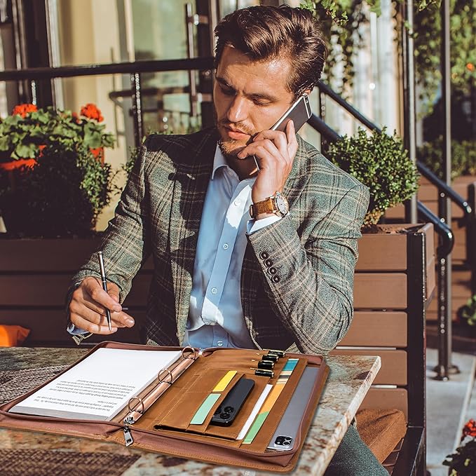 AZXCG Men's Genuine Leather Business Portfolio, Zippered Padfolio Organizer 3-Ring Binder, Organized Portfolio with Pen Rings, Business Card Holder, File Pocket, Holds 99% of iPad and Kindle Fire.