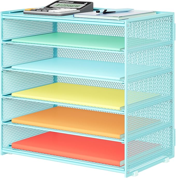 6 Tier Paper Organizer, Metal Mesh Desk File Organizer, Letter Tray Organizer, Paper Sorter Desk Organizer for Office, Home or School File Folder Holder - Blue