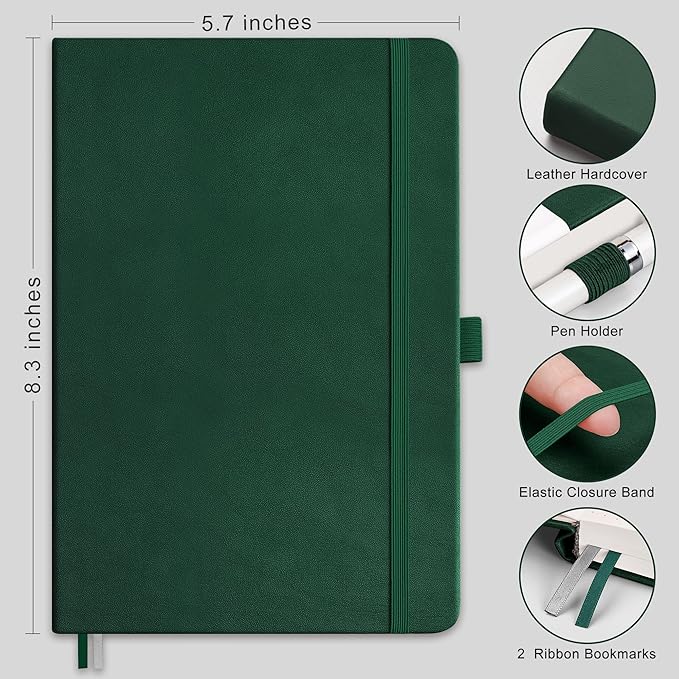 RETTACY Graph Paper Notebook, A5 Grid Notebook Journal with 192 Pages, 5.7'' × 8.3'', Medium Size, Leather Hardcover, 100 GSM Thick Paper, for Students, Homework, Math, Engineering (Dark Green)