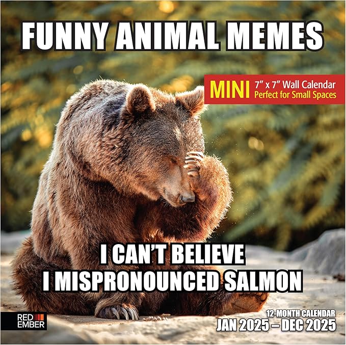 RED EMBER Funny Animal Memes Mini 2025 Wall Calendar 12 Month | 7" x 14" Open | Thick & Sturdy Paper | Giftable | Calendar 2025