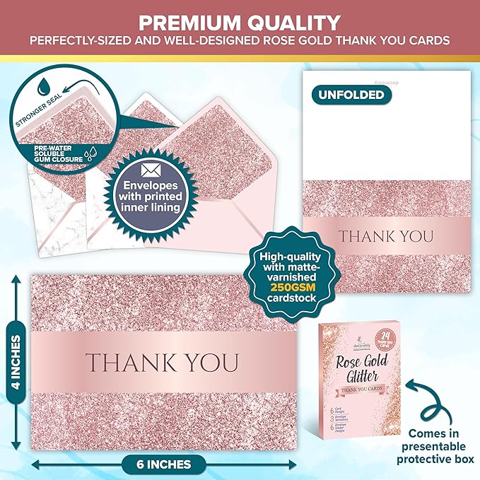 Decorably 24 Pack Glittery 6x4in Rose Gold Thank You Cards with Envelopes and Stickers, 6 Elegant Designs Thank You Cards with Envelopes Pink, Blank Inside - Bridal Shower, Wedding