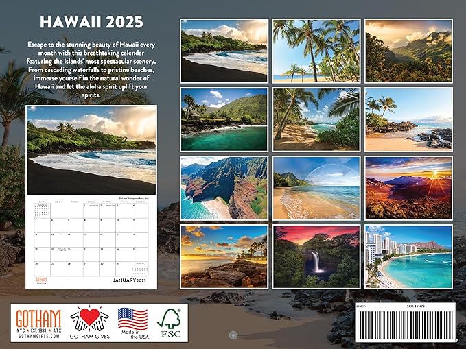 Hawaii Calendar 2025 Hawaiian Tropical Beach Maui Kauai Monthly Wall Calender 12 Month | American Made In The USA