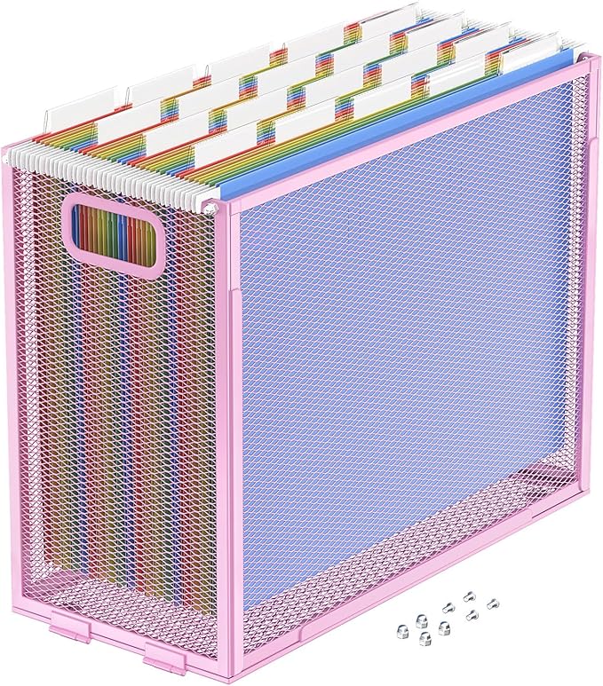 Oterri Hanging File Organizer, Metal File Organizer, Portable Desktop File Organizer for Letter Size Folder, Mesh Hanging File Crate for Office,Folders Not Included(Fairy Pink,1 Pack)