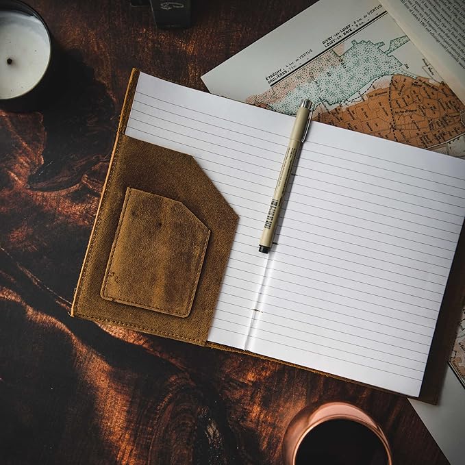 Refillable Leather Journal | Premium Lined A5 Notebook Cover | 200 Ruled Writing Pages | Card Holder Slot | Leather Bound Journals for Men & Women, Best Gift Travel Diary, Cool Planner
