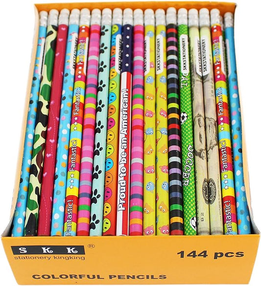 SKKSTATIONERY Assorted Colorful Wooden Pencils with Eraser, Novelty Kids & Awards Pencils, 2 HB, 12 Colors 144/box