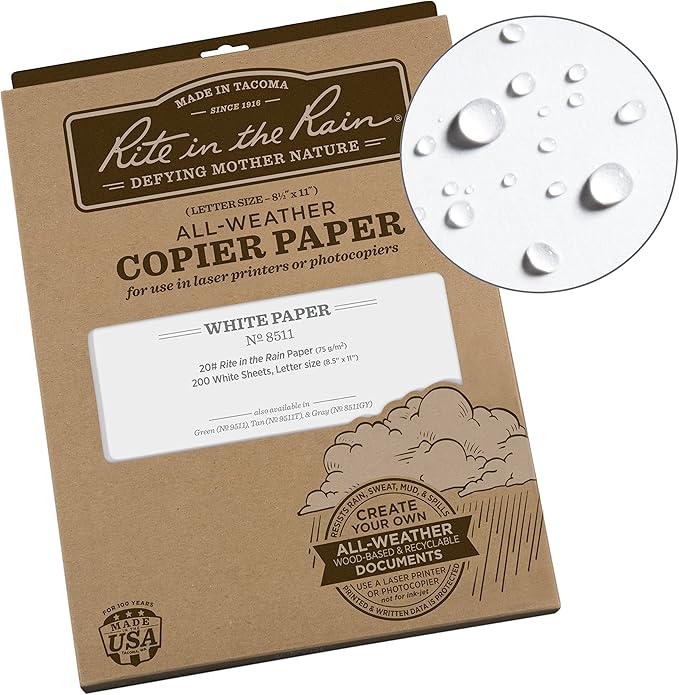 Rite in the Rain Weatherproof Copier Paper, 8.5" x 11", 20# White, 200 Sheet Pack (No. 8511X)
