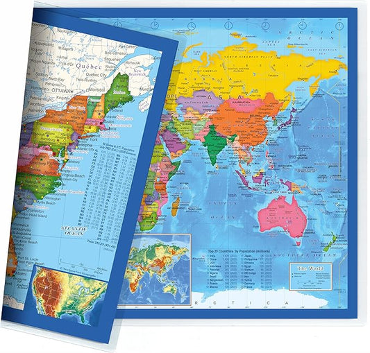 2-Sided Desk Map with Durable Lamination (1 Pack: US/Europe Centered World)
