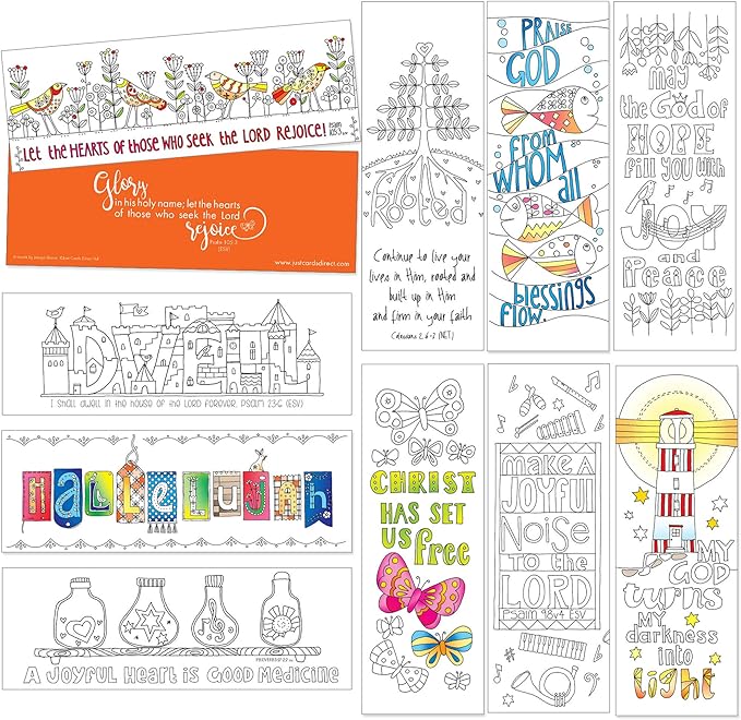 Christian Colouring Bookmarks, Psalms, Pack of 10 Different Designs, with Coloured Bible Verse on Reverse. Makes a Great Christian Gift for Adults or Children, by Just Cards Direct. (Orange/IOJBM)