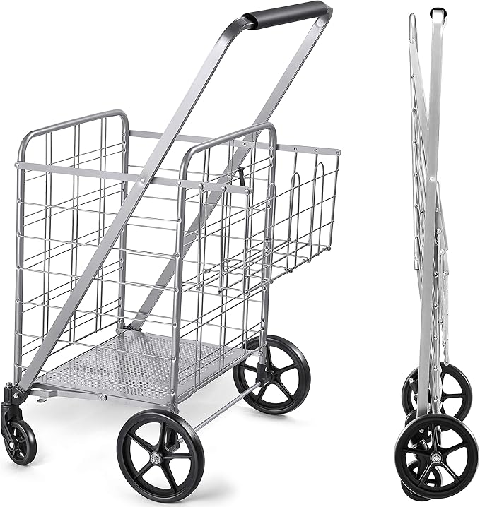 Wellmax Shopping Cart, Metal Grocery Carts For Groceries, Folding Cart For Convenient Storage And Holds Up To 160lbs, Dual Swivel Wheels and Extra Basket, Silver