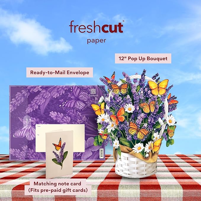Freshcut Paper Pop Up Cards, Lavender & Butterflies, 12 Inch Life Sized Forever Flower Bouquet 3D Popup Greeting Card, Birthday & Thank You Card, Blank Notecard & Envelope