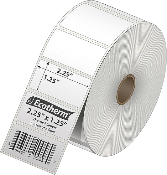 2.25" x 1.25" Thermal Labels | 6 Rolls | 12600 Labels | fits Zebra, Munbyn, Rollo, Godex, Arkscan, iDPRT, Offnova Thermal Label Printers and More | Blank White Adhesive Stickers by Ecotherm