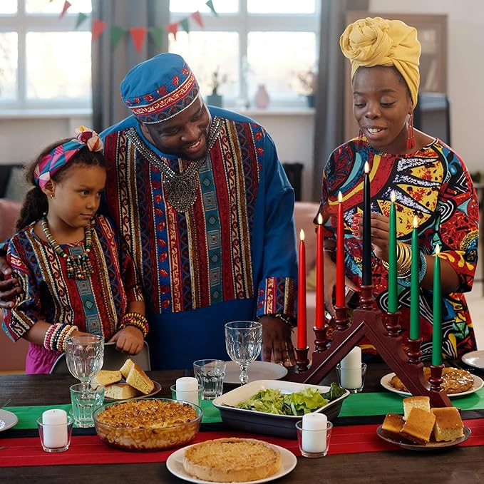 Kwanzaa Kinara Candle Holder Set with Flameless Battery Powered Electric Candles, Flameless Kwanzaa Candles - Set of 7 Tapers (Battery Operated) Mishumaa Saba, Realistic 3D Flames, Remote Control