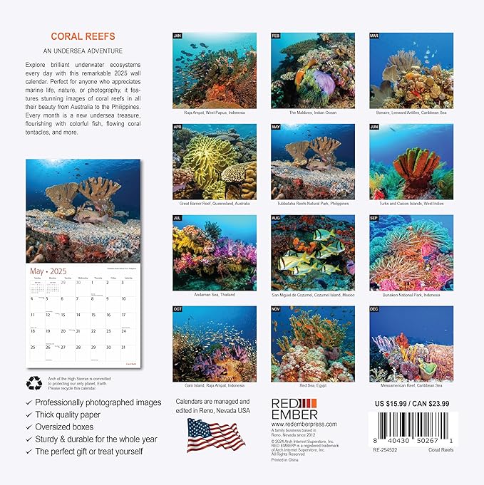 RED EMBER Coral Reefs 2025 Wall Calendar 12 Month | 12" x 24" Open | Thick & Sturdy Paper | Giftable | Calendar 2025