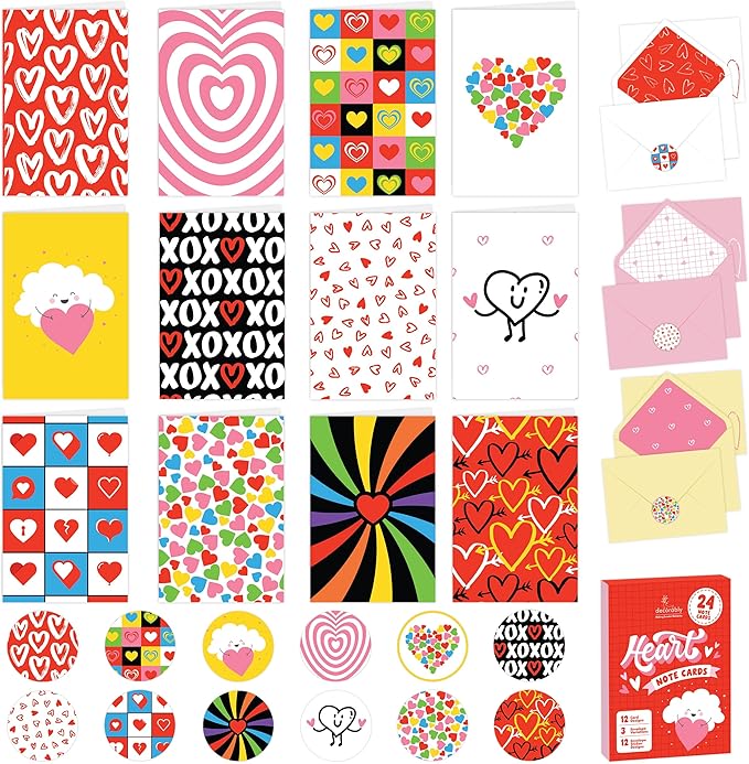 Decorably 24 Pack 4x6in Heart Note Cards with Envelopes and Stickers, 12 Charming Designs Heart Card, Blank Inside - Valentine's Day, Mother's Day, Birthday