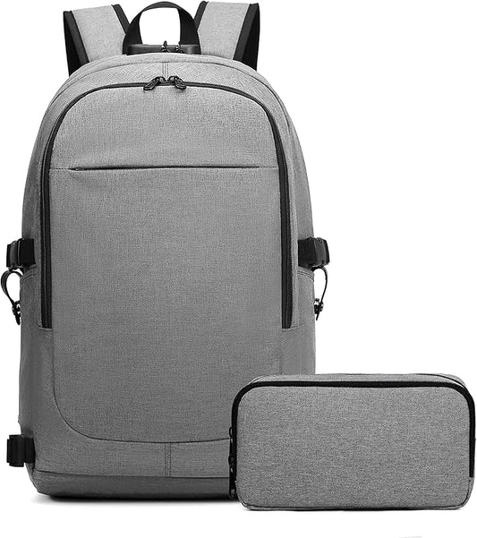 Varietyathletics 19" Laptop Backpack and Organizer Case Set USB Headset Port Anti-Theft Waterproof Travel Work College (Grey)