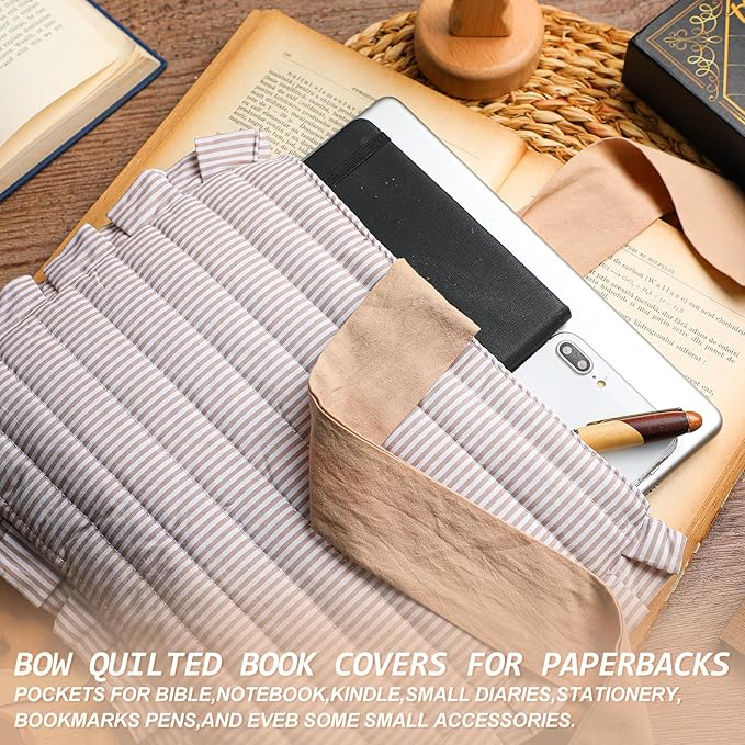 Honoson Quilted Bow Bible Sleeve Book Cover Case Padded Protector Washable Bible Bag Pouch Christian Gift for Women Girls Book Lover Gifts (Khaki Striped)