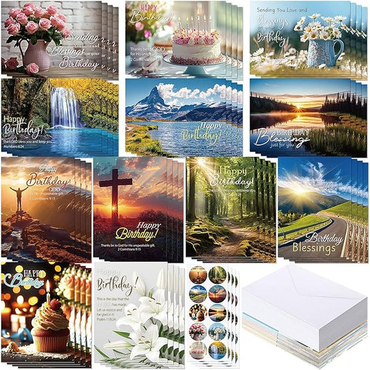 120 Pack Religious Christian Birthday Cards Bulk with Scripture Bible Verse 4.5 x 6.2 Inch Assorted Christian Blessings Greeting Cards for Birthday with Envelopes and Stickers (Scenic Style)