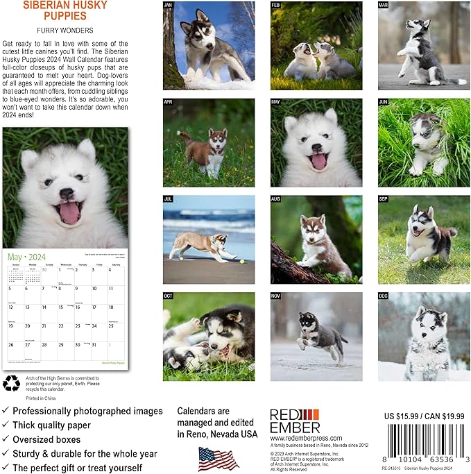 RED EMBER Siberian Husky Puppies 2024 Wall Calendar 12 Month | 12" x 24" Open | Thick & Sturdy Paper | Giftable | Calendar 2024