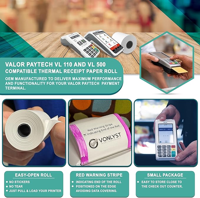 Receipt Paper Roll for Valor Paytech VL 110 and VL 500 Credit Card Machine (30 Rolls)