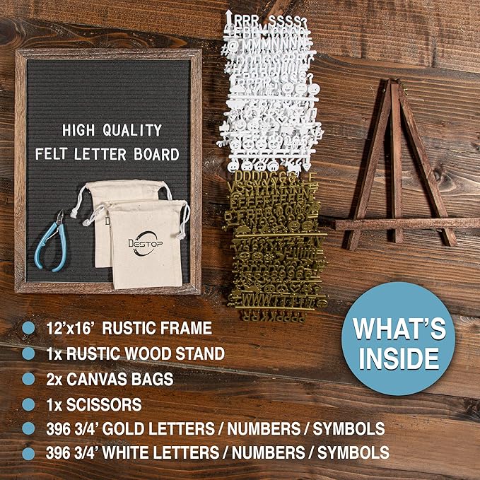 Felt Letter Board with Rustic Vintage Frame and Stand 12x16 inch, Dark Grey Changeable Letter and Message Board Includes 792 Letters, Numbers and Symbols, Hook to Hang, 2 Canvas Bags