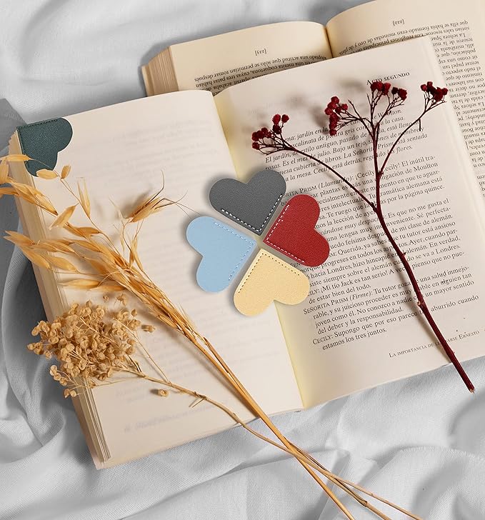 6pcs Leather Bookmarks for Women with Heart Shape, Cute Corner Bookmark, Book Accessories for Reading Lovers, Book Markers for Women, Bookmarks for Book Lovers by HNQCPCVU (Heart)