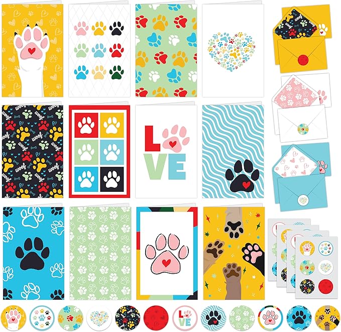 Decorably 24 Pack 4x6in Blank Dog Cards with Envelopes and Stickers, 12 Adorable Designs Dog Note Cards with Envelopes, Blank Inside - Kid's Party, Birthday