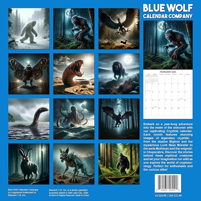 2025 Cryptids Monthly Wall Calendar - Illustrations of Bigfoot, Loch Ness Monster and Other Cryptids | 12" x 24" | Thick Sturdy Paper | Cryptozoology Calendar 2024-2025