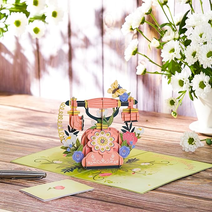 Vintage Phone Pop Up Card, Flowers, 3D Greeting Cards, Gifts for Birthday, Mothers Day, Anniversary, Mom, Wife, Women, 5x7 - Includes Envelope And Message Note